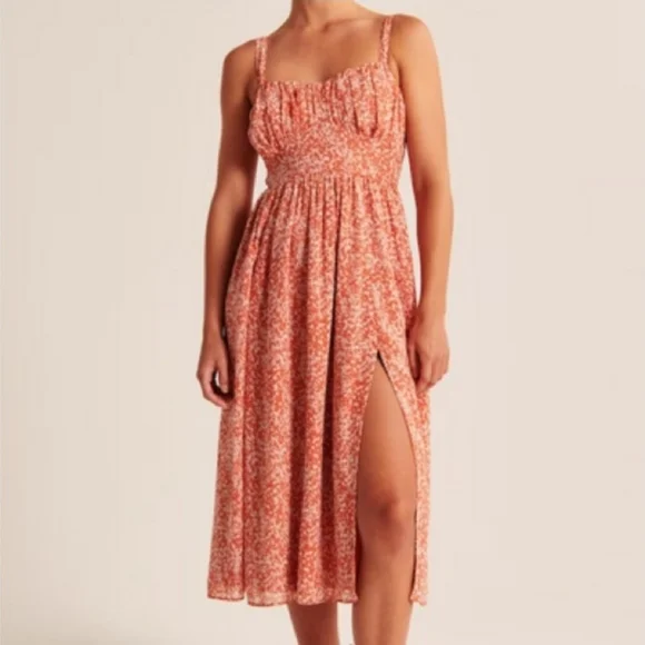 Abercrombie & Fitch | Dresses | Abercrombie Fitch Ruched Chiffon Midi Dress  In Orange Size S | Poshmark